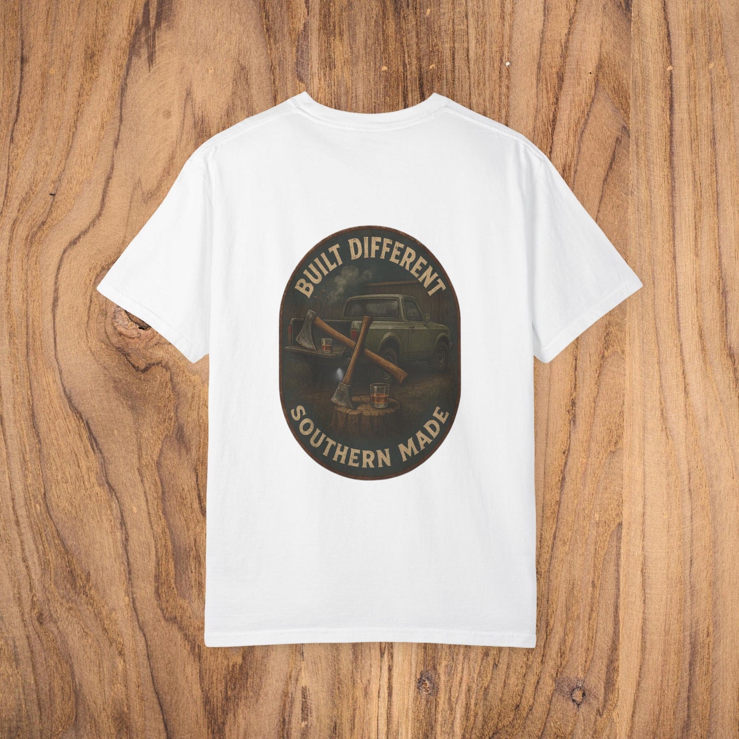 Back view of Premium Southern Made T-Shirt in white with a vintage truck design and 'Built Different' text, an ideal choice for stylish casual wear.