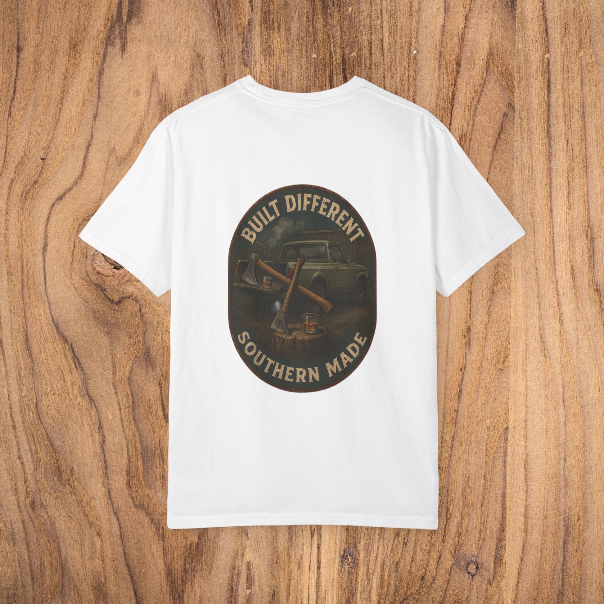 Back view of Premium Southern Made T-Shirt in white with a vintage truck design and 'Built Different' text, an ideal choice for stylish casual wear.