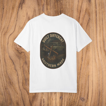 Back view of Premium Southern Made T-Shirt in white with a vintage truck design and 'Built Different' text, an ideal choice for stylish casual wear.