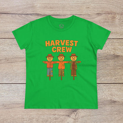 Harvest Crew Halloween T-Shirt in bright green with a playful illustration of three scarecrows, perfect for Halloween festivities. Made from 100% ring-spun cotton for softness.