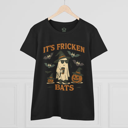Stylish black Halloween Unisex T-Shirt hanging on display, featuring a fun ghost graphic with bats and pumpkins; made from soft 100% cotton, great for Halloween.