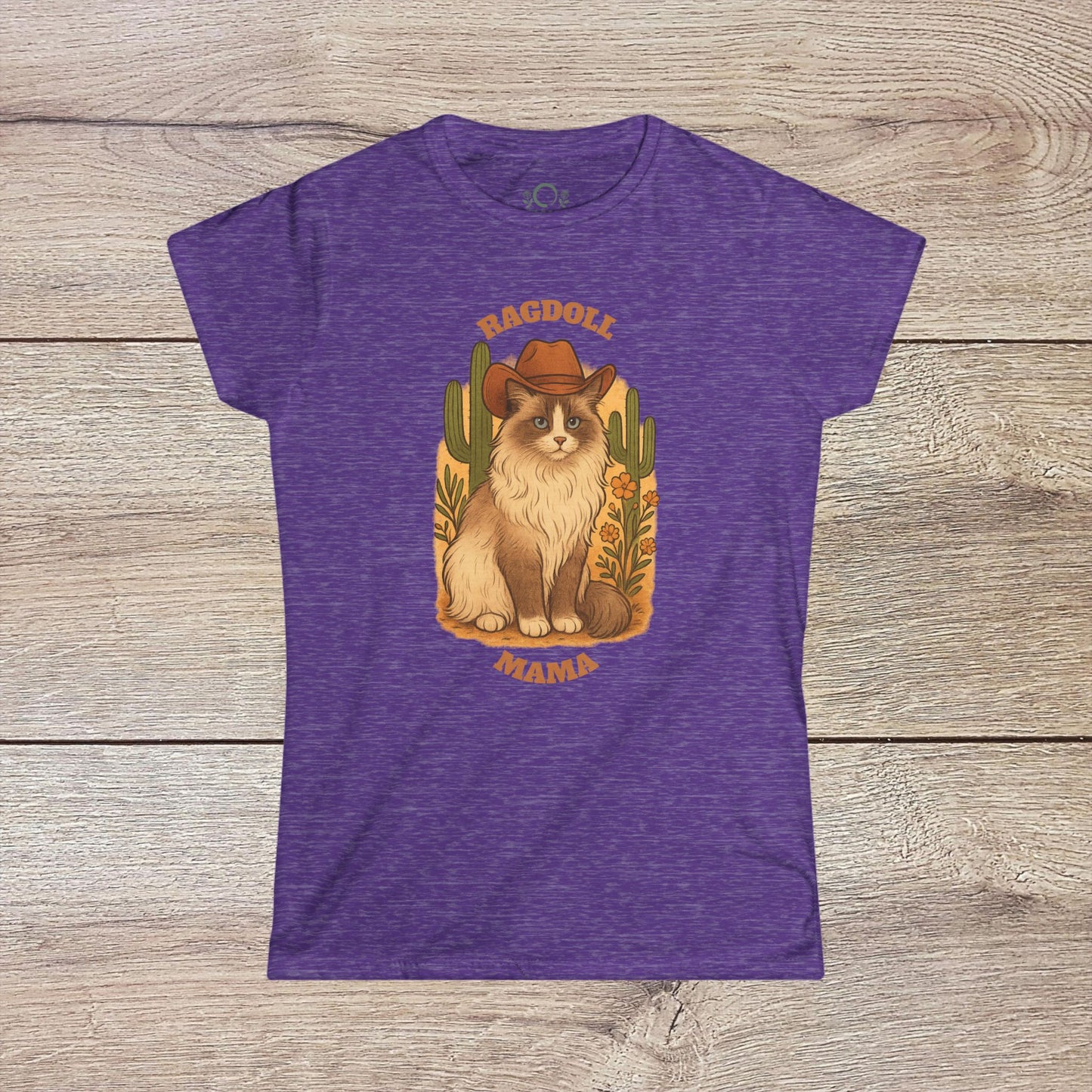 Ragdoll Mama T-Shirt in a rich purple hue, showcasing a playful illustration of a Ragdoll cat adorned with a cowboy hat and surrounded by cacti. Ideal gift for animal lovers.