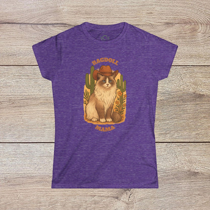Ragdoll Mama T-Shirt in a rich purple hue, showcasing a playful illustration of a Ragdoll cat adorned with a cowboy hat and surrounded by cacti. Ideal gift for animal lovers.