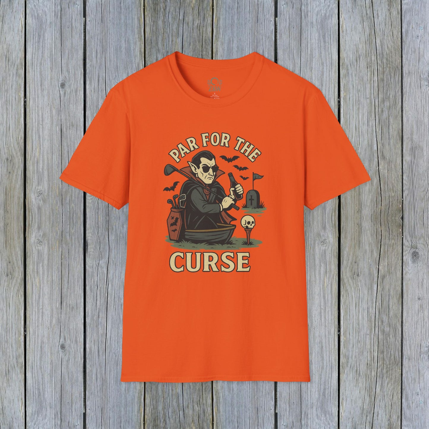 Funny Halloween Unisex T-Shirt featuring 'Par For The Curse' graphic design in vibrant orange, perfect for spooky fall fashion.