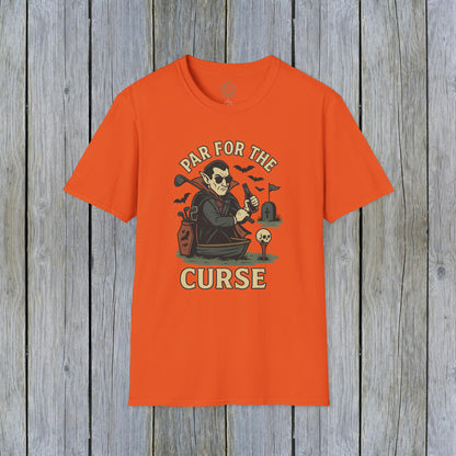 Funny Halloween Unisex T-Shirt featuring 'Par For The Curse' graphic design in vibrant orange, perfect for spooky fall fashion.