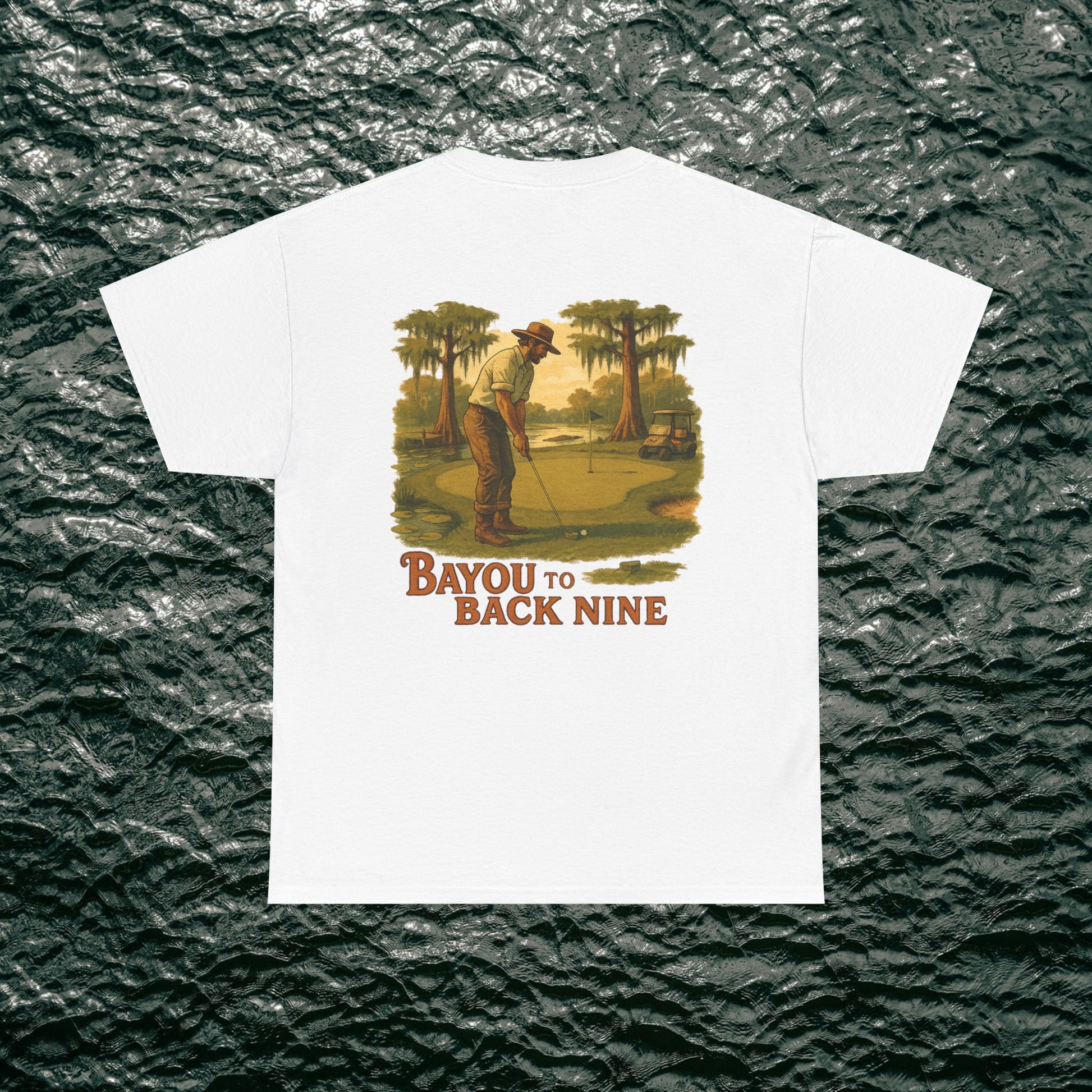 Bayou To Back Nine Softstyle Golf Tee featuring a vintage golf design on a white t-shirt, perfect for comfortable casual style and relaxed outings.