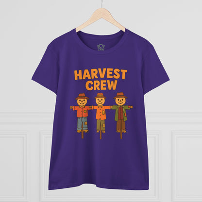 Front view of the Harvest Crew Halloween T-Shirt - Soft 100% Ring-Spun Cotton in purple, showcasing three cheerful scarecrow characters with the text 'HARVEST CREW'.