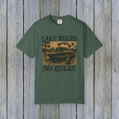 Unisex Garment-Dyed Lake Rules Tee in dark green featuring bold 'Lake Rules: No Rules' print, perfect for outdoor enthusiasts and lake lovers.