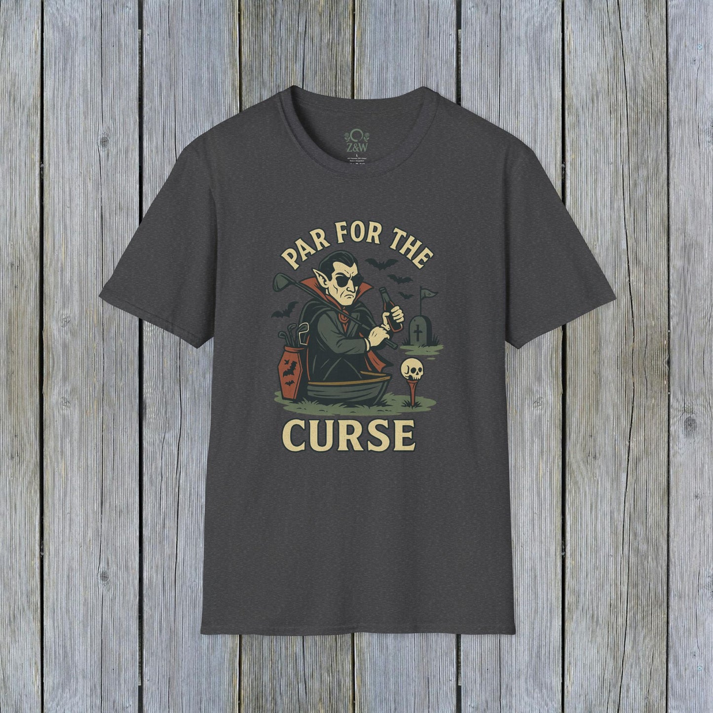 Funny Halloween Unisex T-Shirt 'Par For The Curse' displayed on a dark heather background, featuring a playful vampire character and spooky elements, ideal for your spooky fall fashion.
