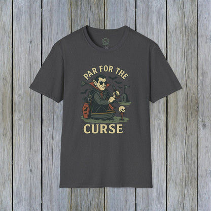 Funny Halloween Unisex T-Shirt 'Par For The Curse' displayed on a dark heather background, featuring a playful vampire character and spooky elements, ideal for your spooky fall fashion.