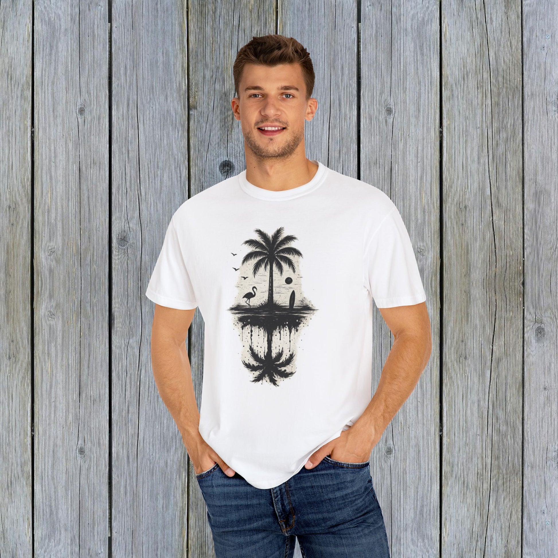 Model wearing the Tropical Sunset Graphic Tee with a unique palm tree design, standing confidently against a rustic wooden backdrop. This durable and soft fabric tee is available in sizes S-4XL.