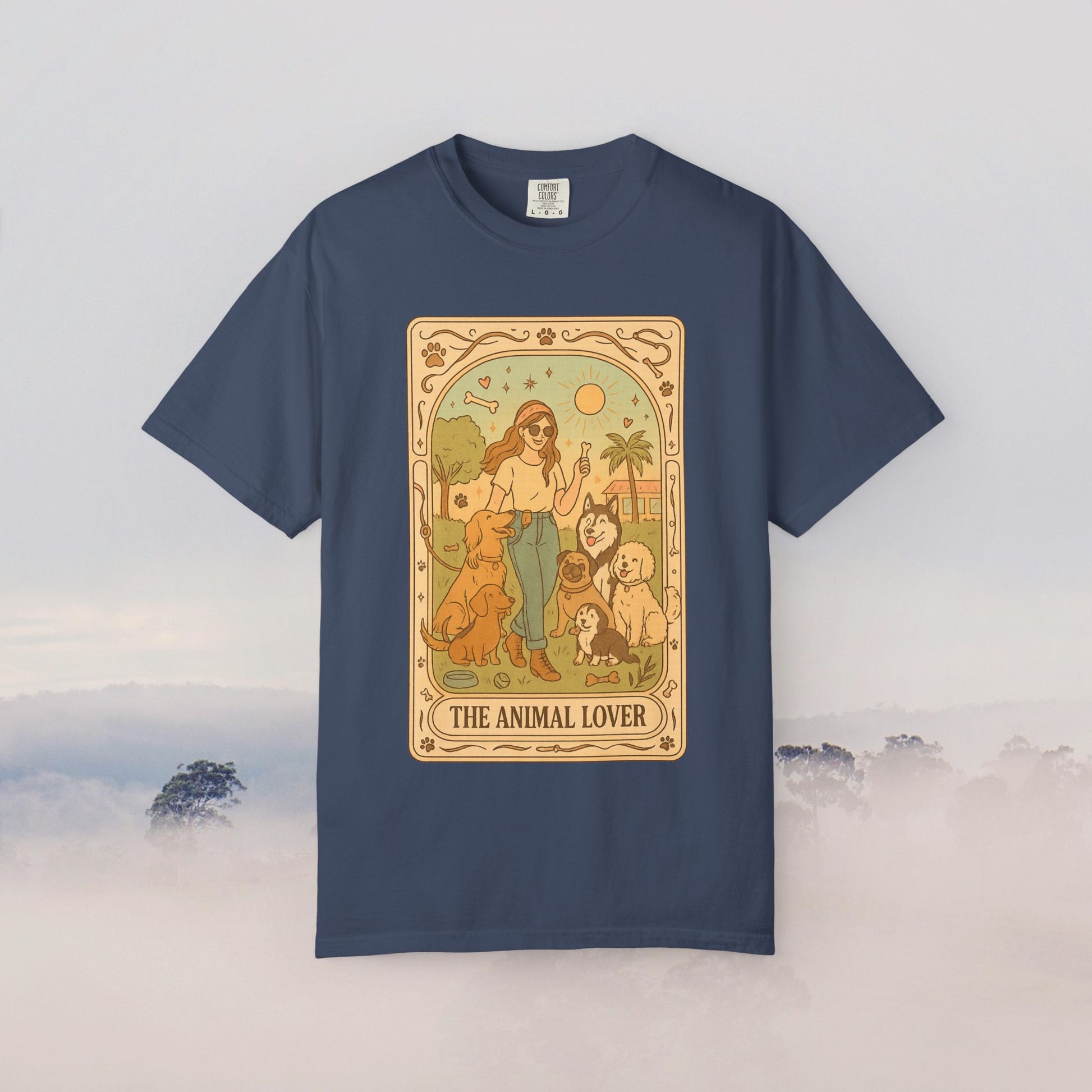 Animal Lover Tarot Tee in navy blue, showcasing a design with a woman and multiple animals, crafted from soft 100% cotton, available in sizes S to 4XL, eco-friendly and durable.