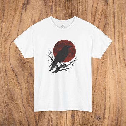 Gothic Raven T-Shirt in classic white, displaying a bold raven silhouette against a red moon, a stylish choice for Halloween and casual wear.