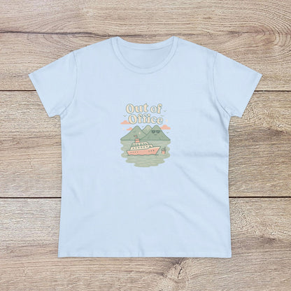 Out Of Office Cruise Tee featuring a boat and mountain design, perfect for summer wear with a lightweight cotton blend.