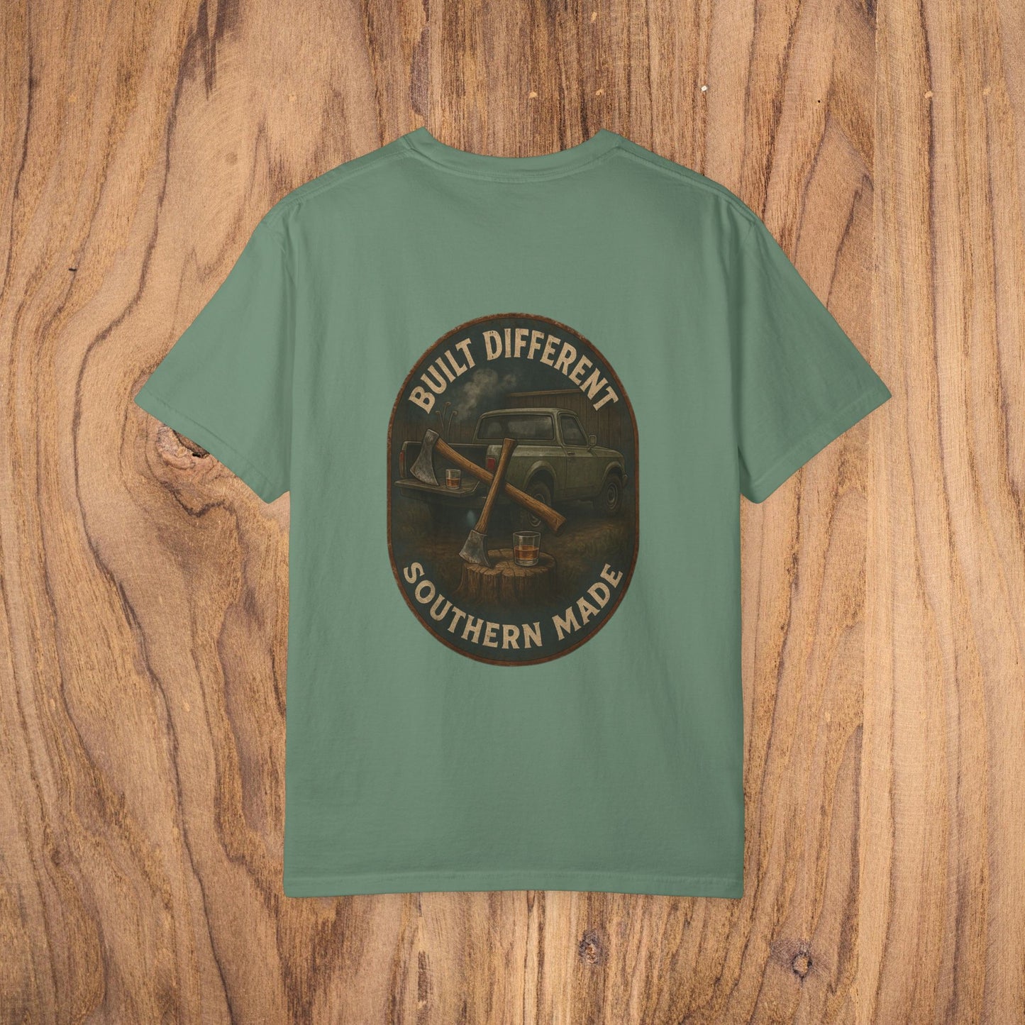 The back view of the Premium Southern Made T-Shirt featuring a graphic design with the text 'Built Different Southern Made', ideal for casual wear.