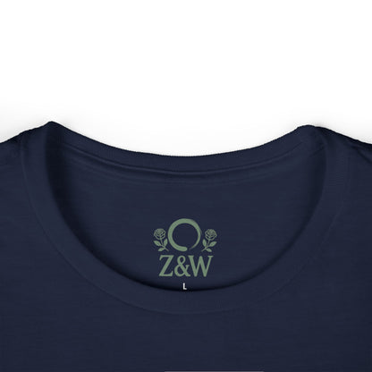 Cozy Plant Guitar Sweatshirt features a navy round neckline showcasing custom embroidery with Z&W and floral design, designed for warmth and style.