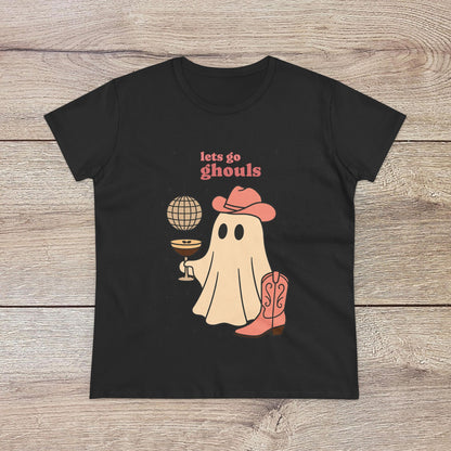 Let's Go Ghouls Tee in classic black featuring a charming ghost character with a drink and cowboy attire, an ideal choice for Halloween and everyday fun.