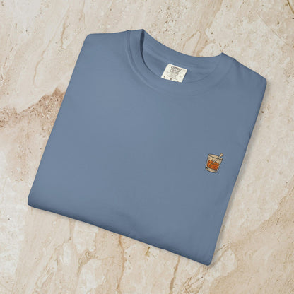 Golden Whiskey Dog Tee - Unique Vintage Style, 100% Cotton, Relaxed Fit with Left Chest Pocket in soft blue, showcasing an elegant chest pocket design.