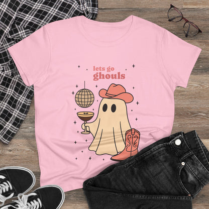 Let's Go Ghouls Tee in light pink showcasing a charming ghost character holding a drink, ideal for festive occasions.