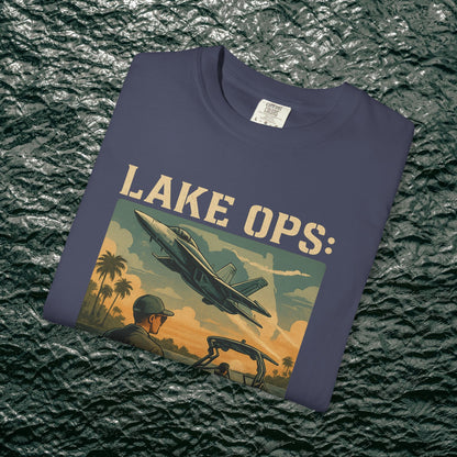 Garment-Dyed Comfort Tee For Adults featuring 'LAKE OPS:' and an aircraft design on a navy background, available in sizes S-4XL.