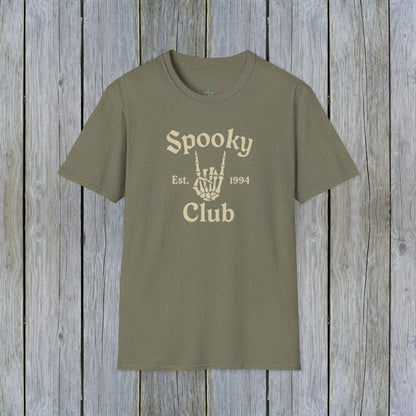 Unisex Spooky Club Tee in olive green, designed with a spooky skeleton hand print and text, made from durable and soft 100% cotton.