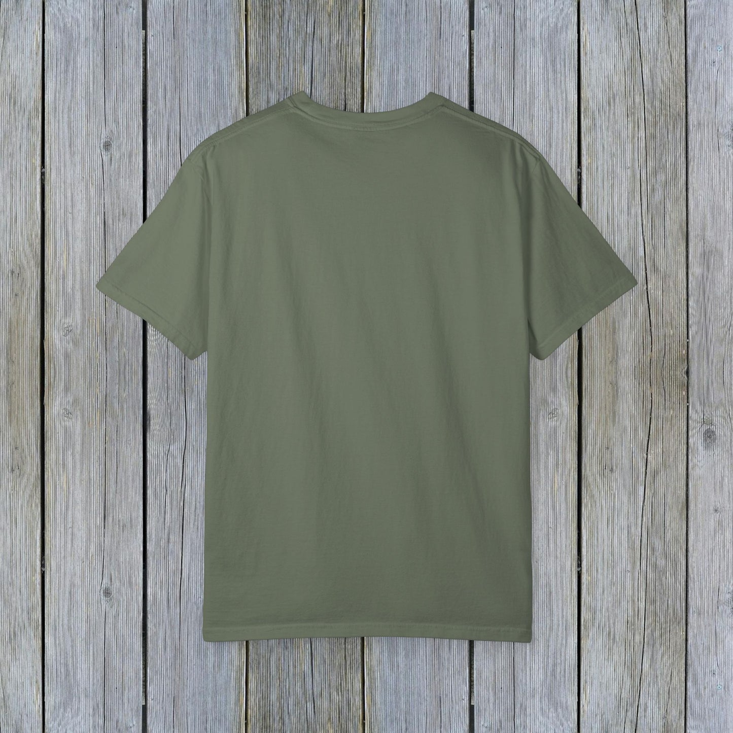 Back view of Unisex Garment-Dyed Lake Rules Tee in a solid green color, crafted for comfort and style for lake enthusiasts.