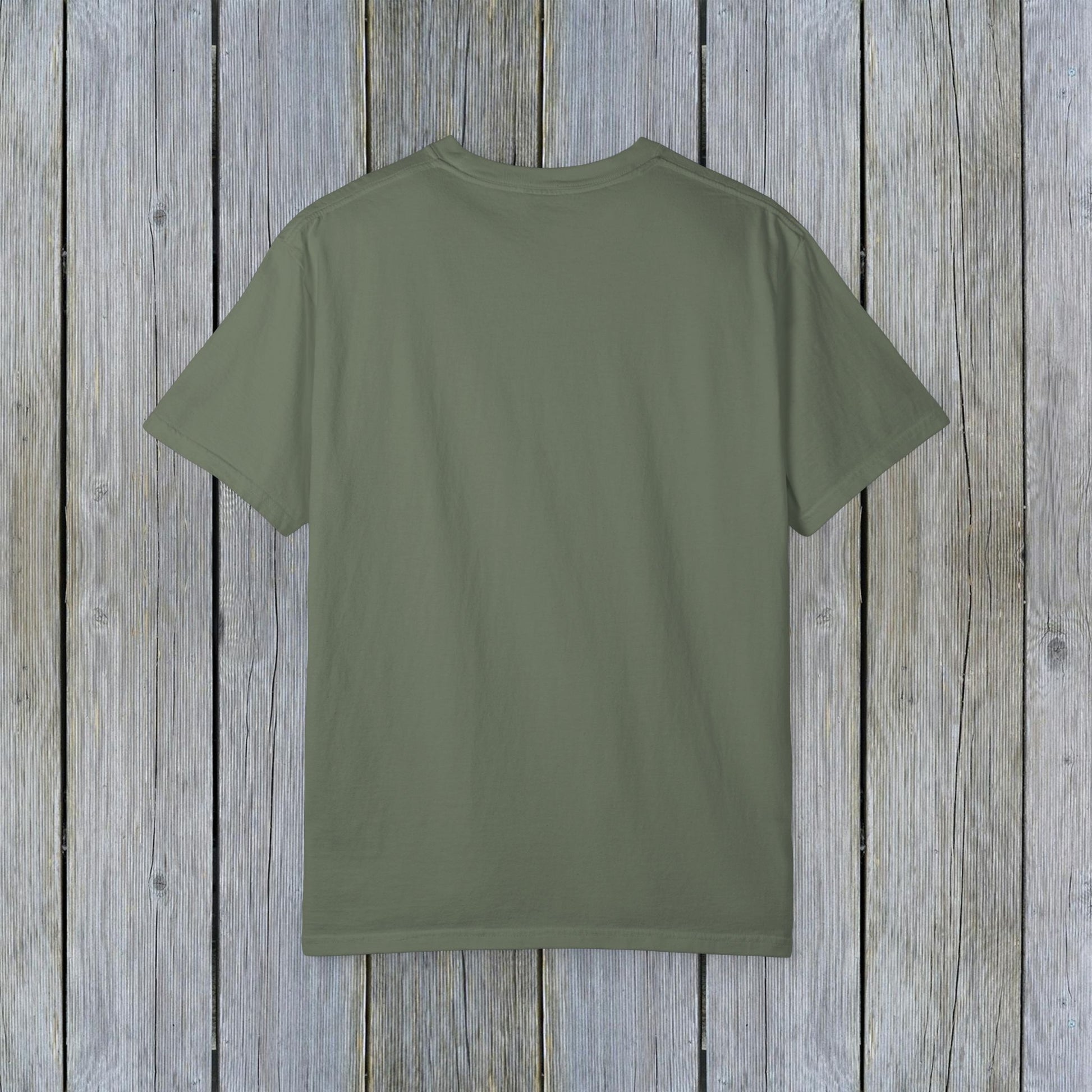 Back view of Unisex Garment-Dyed Lake Rules Tee in a solid green color, crafted for comfort and style for lake enthusiasts.