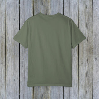 Back view of Unisex Garment-Dyed Lake Rules Tee in a solid green color, crafted for comfort and style for lake enthusiasts.