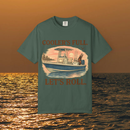 Men's & Women's Durable Cotton Full Tee featuring 'Cooler's Full. Let's Roll.' design, in green color, perfect for casual outings and outdoor adventures.