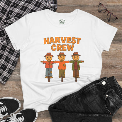 Lifestyle image of a white Harvest Crew Halloween T-Shirt displayed with jeans and accessories, showcasing its soft 100% ring-spun cotton fabric and classic fit.