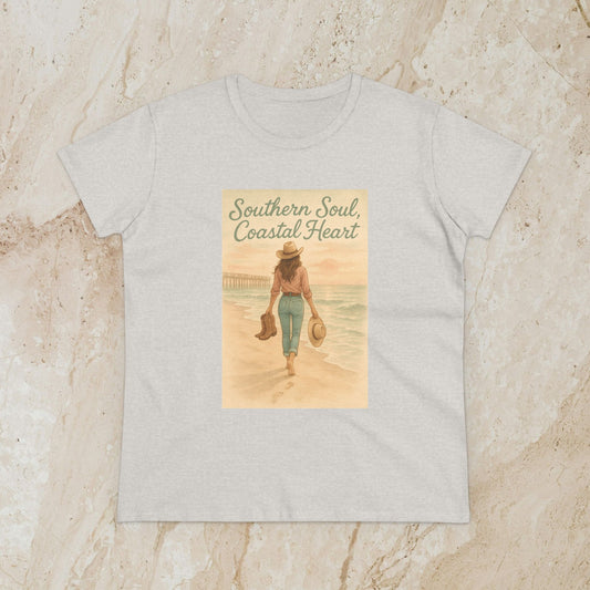 Southern Soul Coated Heart Tee in light gray color, showcasing a nostalgic beach scene with a woman enjoying a coastal walk, ideal for comfort and style.