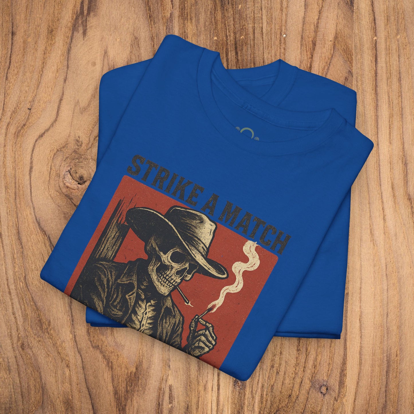 Bangtown Outlaws Retro Casual Party Shirt in vibrant blue showcasing an eye-catching vintage design with a skull and cowboy, ideal for fun gatherings and stylish gifting.