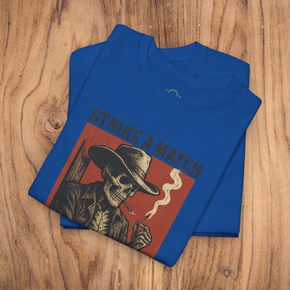 Bangtown Outlaws Retro Casual Party Shirt in vibrant blue showcasing an eye-catching vintage design with a skull and cowboy, ideal for fun gatherings and stylish gifting.