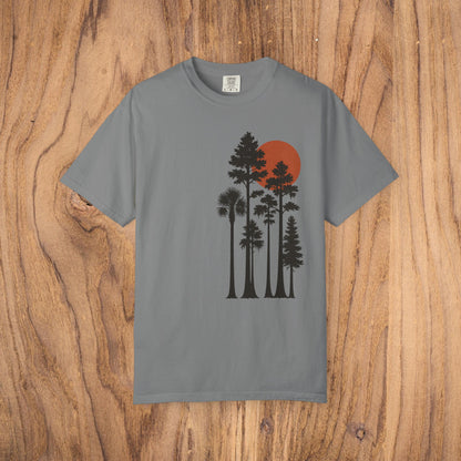 Sunset Trees Unisex T-Shirt in gray - Soft 100% Cotton, Garment-Dyed, available in sizes S to 4XL.