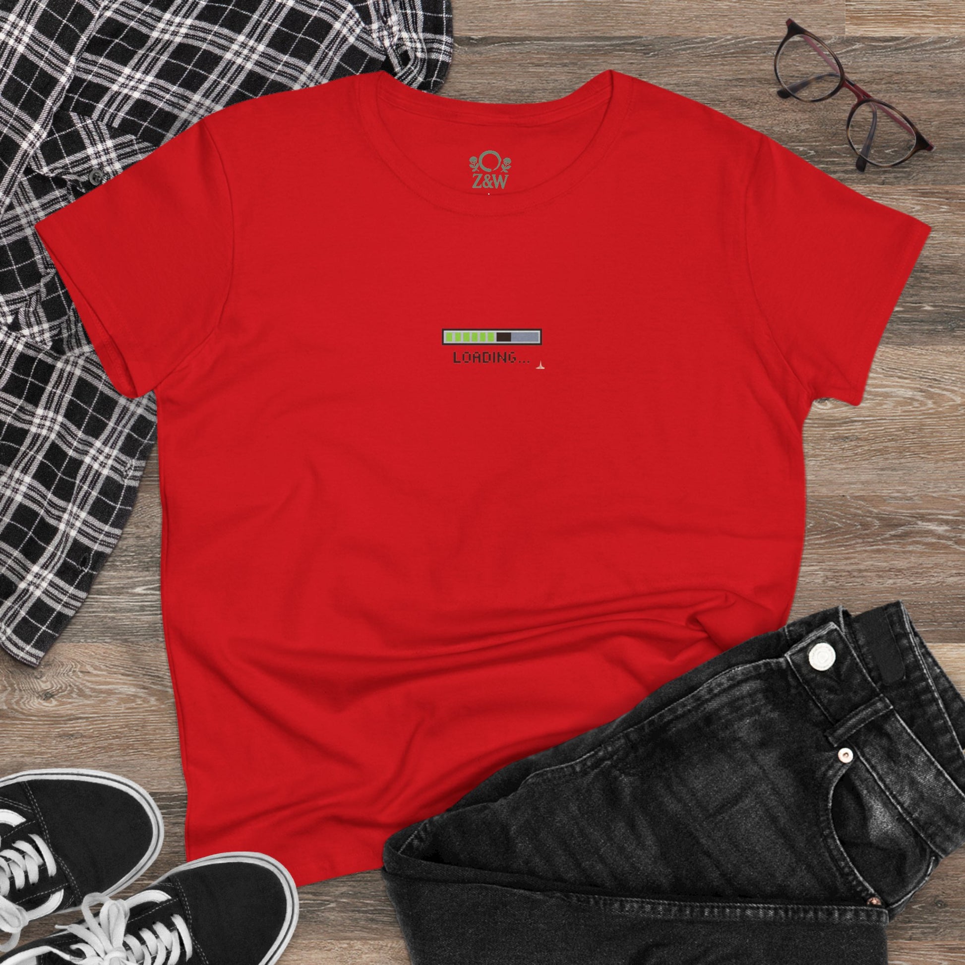 404 Y2K Graphic T-Shirt styled with a casual outfit in red, featuring a 'loading' graphic, perfect for day-to-day wear and making a bold fashion statement.