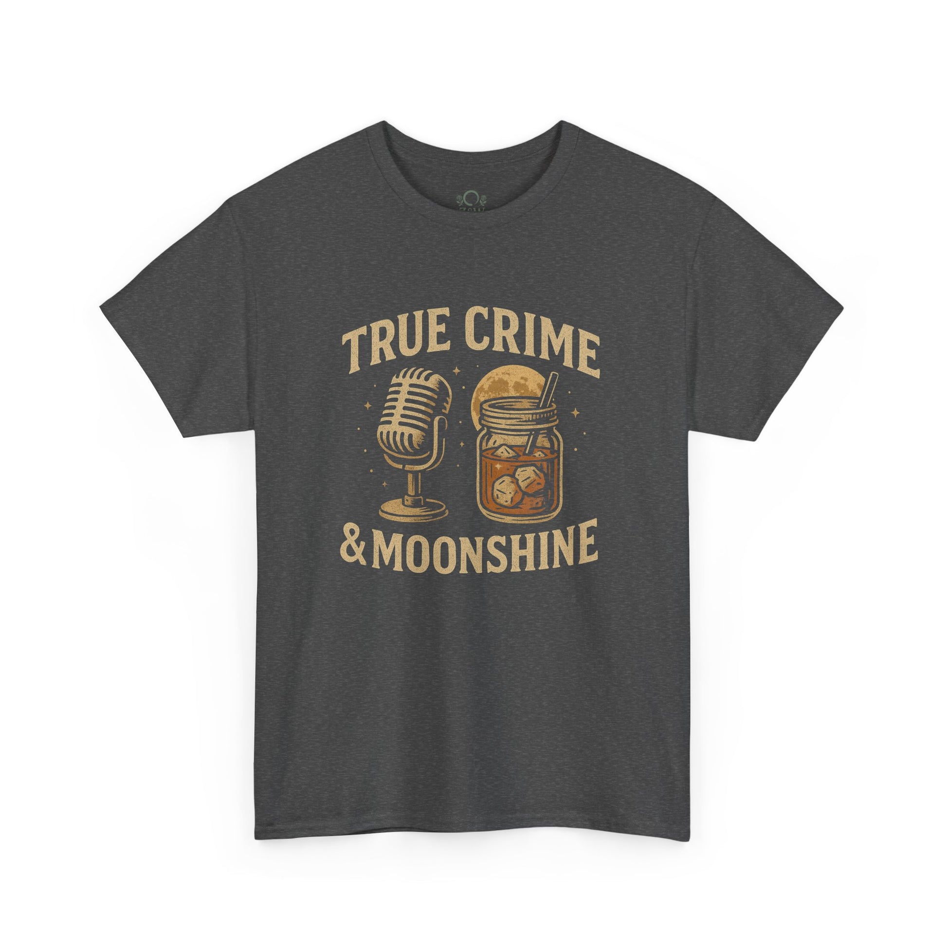 True Crime & Moonshine Unisex Graphic Tee featuring a vintage microphone and jar design, perfect for true crime lovers. Stylish and comfortable for casual wear.