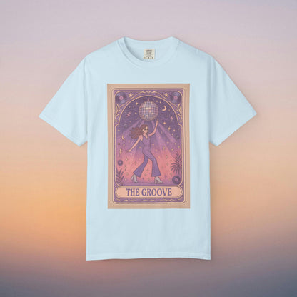 Groove Tarot Graphic Tee in sky blue featuring a vibrant graphic of a woman with a disco ball, perfect for casual outings - available in sizes S-4XL.