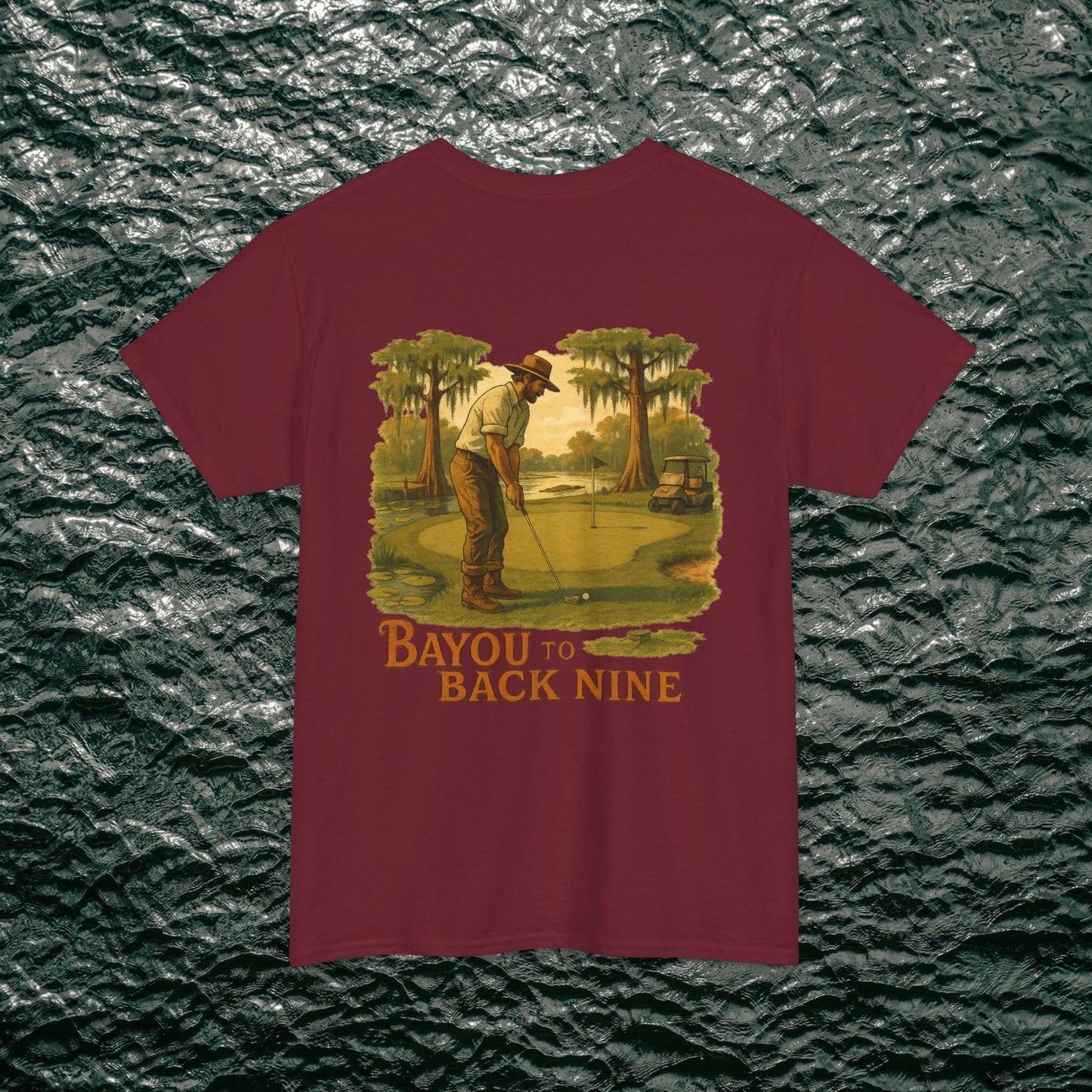Bayou To Back Nine Softstyle Golf Tee in maroon, highlighting a vintage golf design, perfect for those who appreciate comfort and classic style.