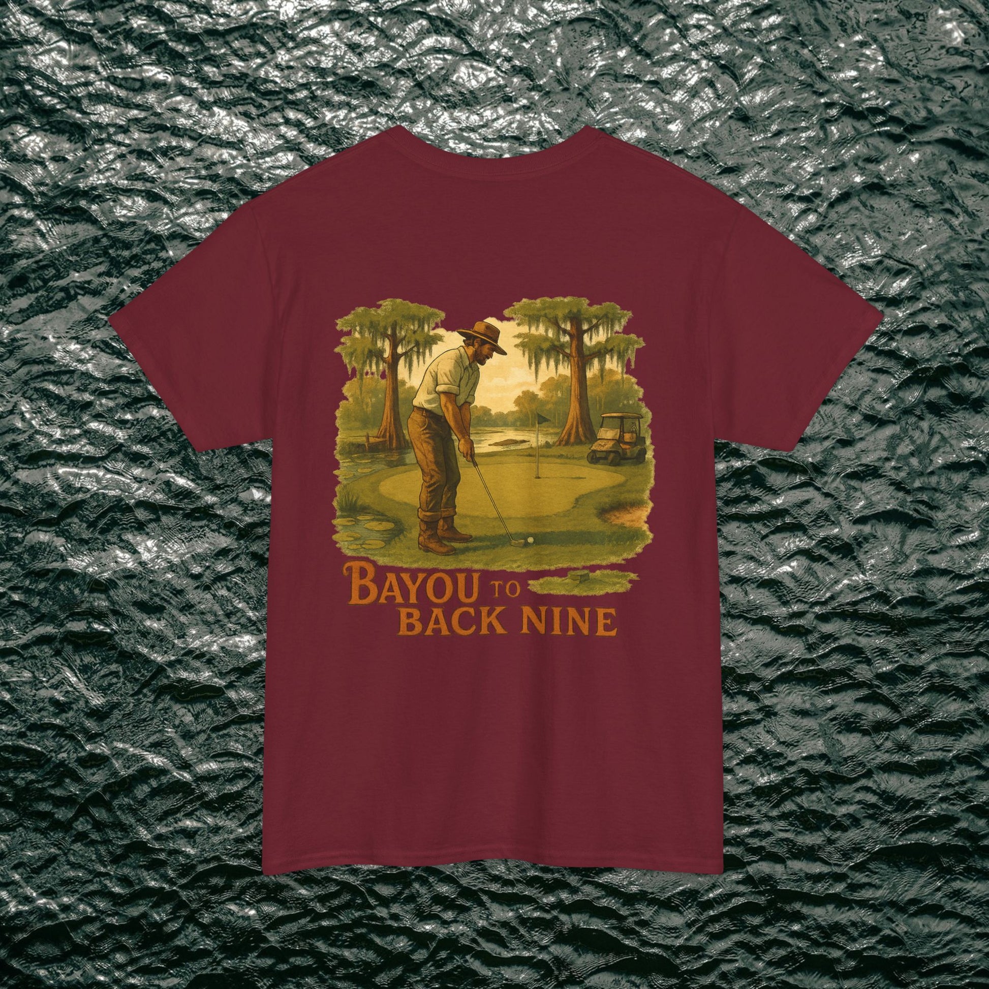 Bayou To Back Nine Softstyle Golf Tee in maroon, highlighting a vintage golf design, perfect for those who appreciate comfort and classic style.