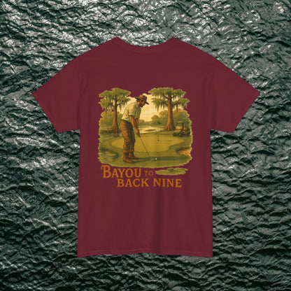 Bayou To Back Nine Softstyle Golf Tee in maroon, highlighting a vintage golf design, perfect for those who appreciate comfort and classic style.