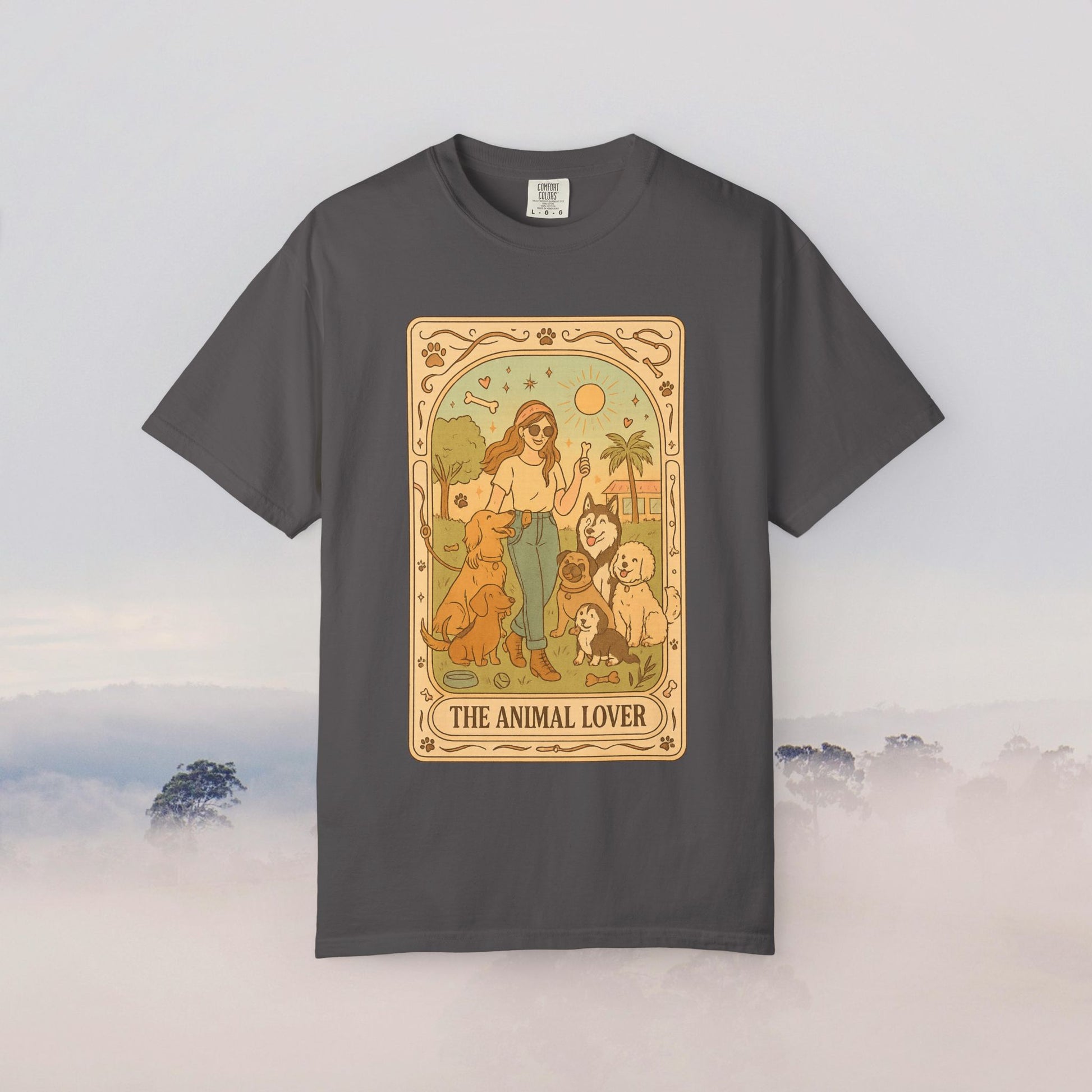Animal Lover Tarot Tee in charcoal gray, featuring a unique design with a woman and her pets, perfect for animal lovers seeking eco-friendly style.