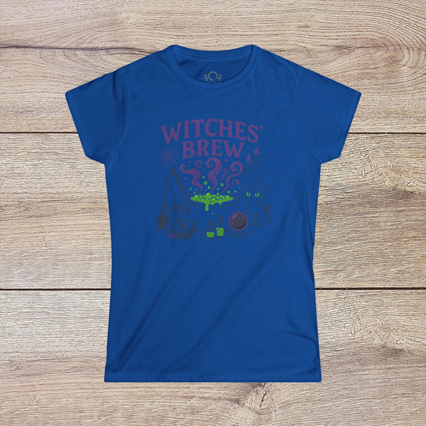 Witches' Brew Halloween T-Shirt in blue color illustrating a captivating print with potion and Halloween symbols, ideal for environmentally friendly holiday wear.