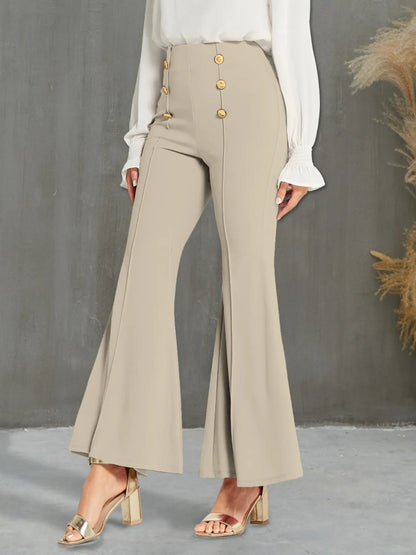 Stylish High Waisted Flare Pants with Decorative Buttons - Front view showcasing the beige color and button detailing, made from 95% Polyester & 5% Spandex.