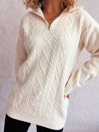 Sophisticated Cozy Cable-Knit Texture Zip Collar Long Sleeve Sweater in off-white, featuring a timeless cable knit design and a zip collar for ease and style.