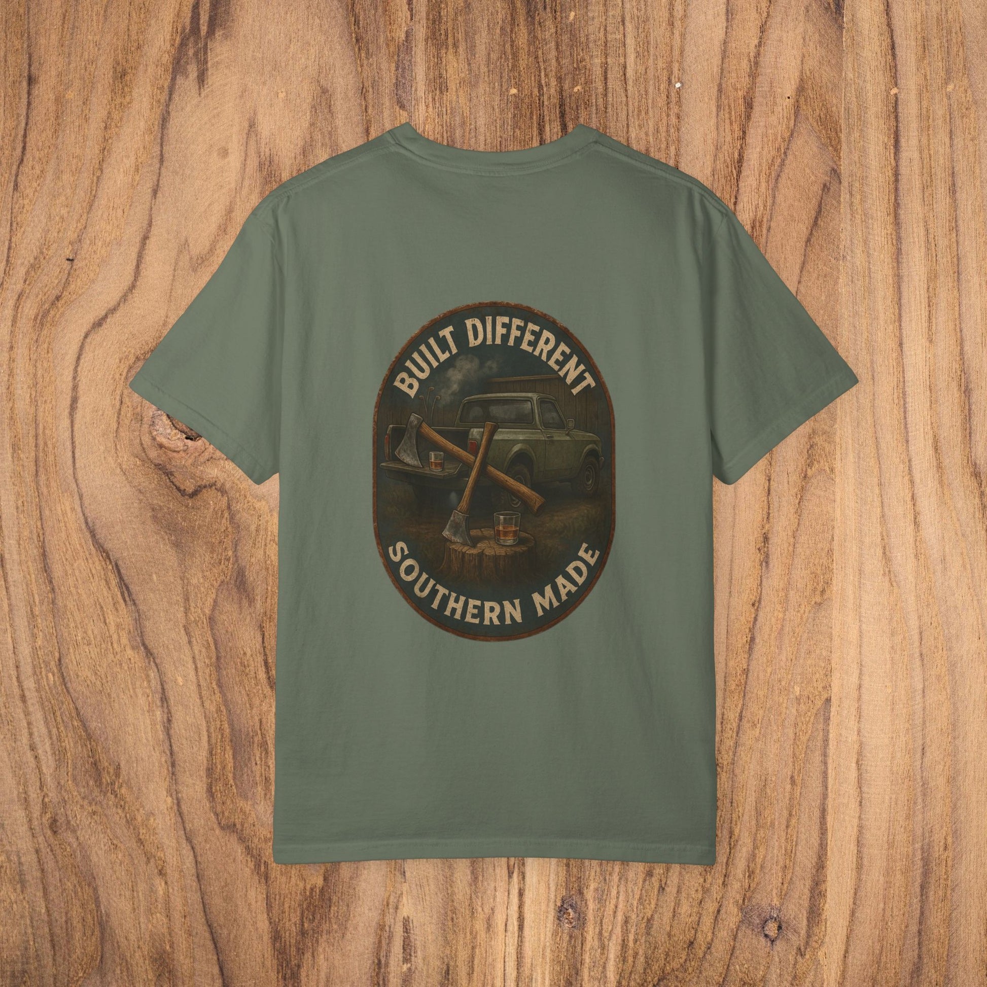 Back view of Premium Southern Made T-Shirt featuring a vintage truck design with 'Built Different' caption, showcasing stylish casual wear.