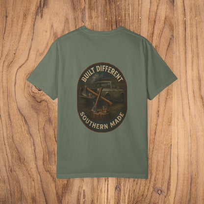 Back view of Premium Southern Made T-Shirt featuring a vintage truck design with 'Built Different' caption, showcasing stylish casual wear.