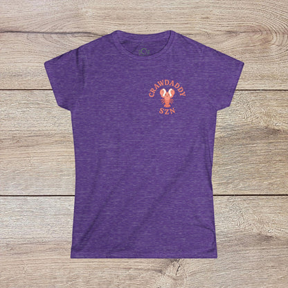 Crawfish Boil Shirt for Women in purple, displaying 'CRAWDADDY SZN' text, a fun and stylish choice for NOLA celebrations and summer events. Comfortable wear for seafood enthusiasts.