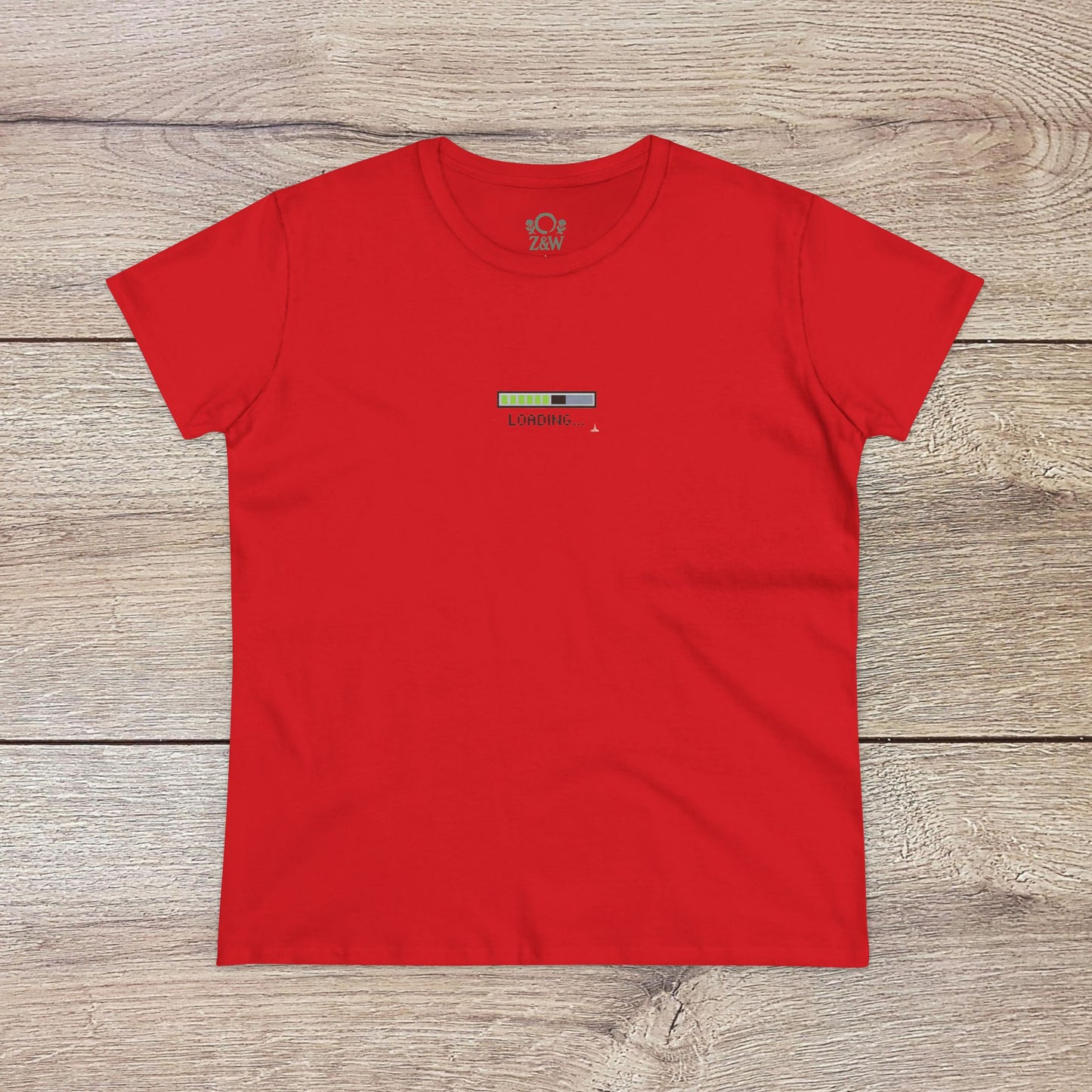 404 Y2K Graphic T-Shirt in bold red color showcasing a playful 'loading' graphic, crafted from premium soft spun fibers for comfort.