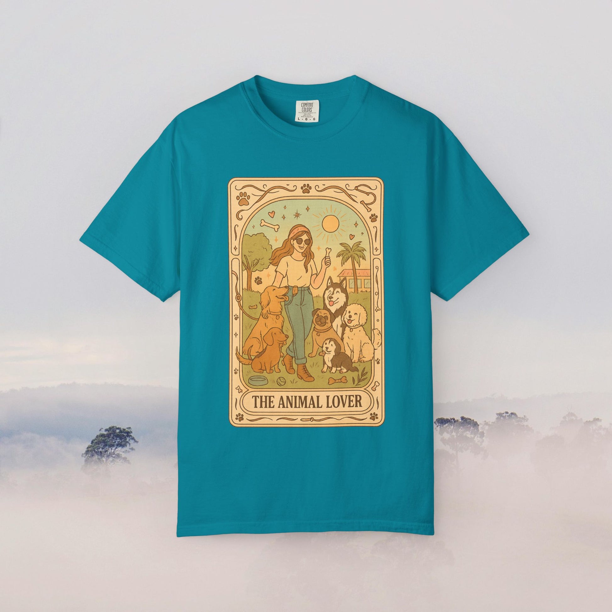 Animal Lover Tarot Tee in teal, highlighting a beautiful design of a woman alongside pets, made from soft 100% cotton, offered in sizes S to 4XL, eco-friendly and durable.