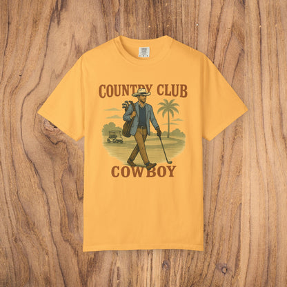 Flat lay of the Country Club Cowboy Graphic Tee in a sunny yellow color, emphasizing the fashionable design and eco-friendly materials.